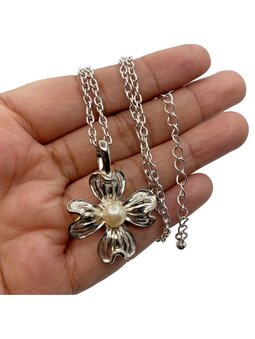 Vintage P.E.P Dogwood Flower Faux Pearl Pendant Necklace Signed w/ 19" Chain